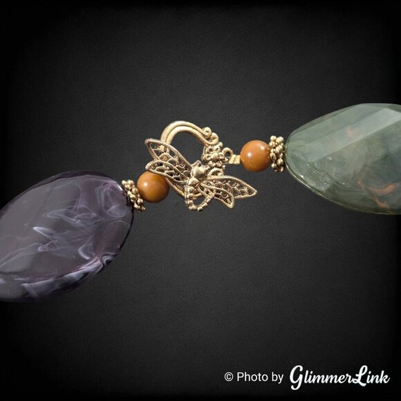 Multicolor Chunky Acrylic Pebble Bead Gold Tone Dragonfly Toggle Clasp Necklace - Picture 6 of 8